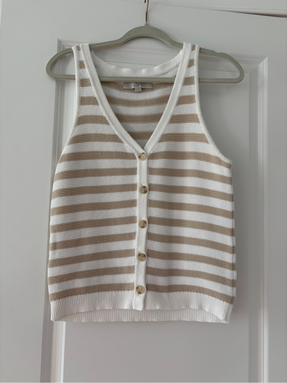 LOFT Cream and Beige Striped Button-Front Knit Tank